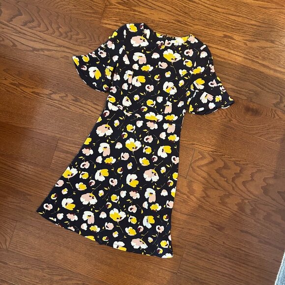 BODEN Alexis Jersey Midi Dress French Navy Blue Yellow Floral Size 6P Lined - Picture 4 of 14